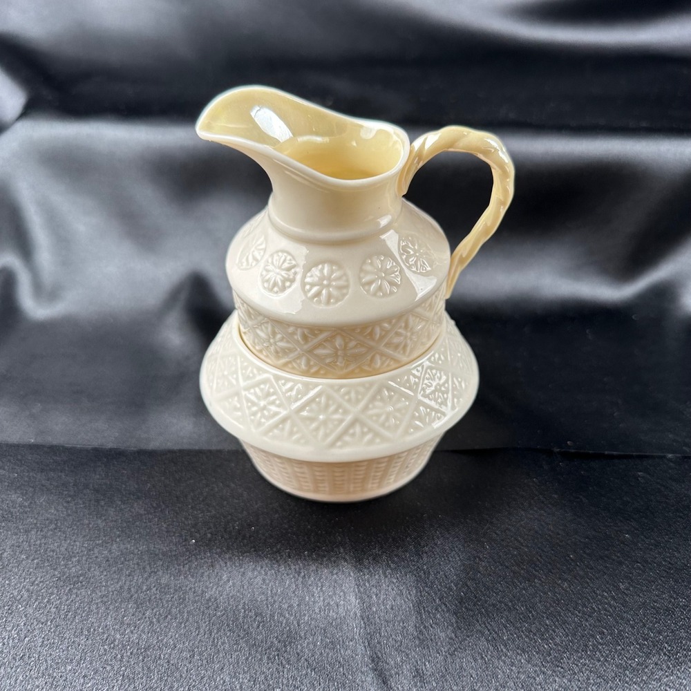 Vintage Belleek Ireland Cream and Sugar Stacking‎ Set Green Mark Creamer Bowl